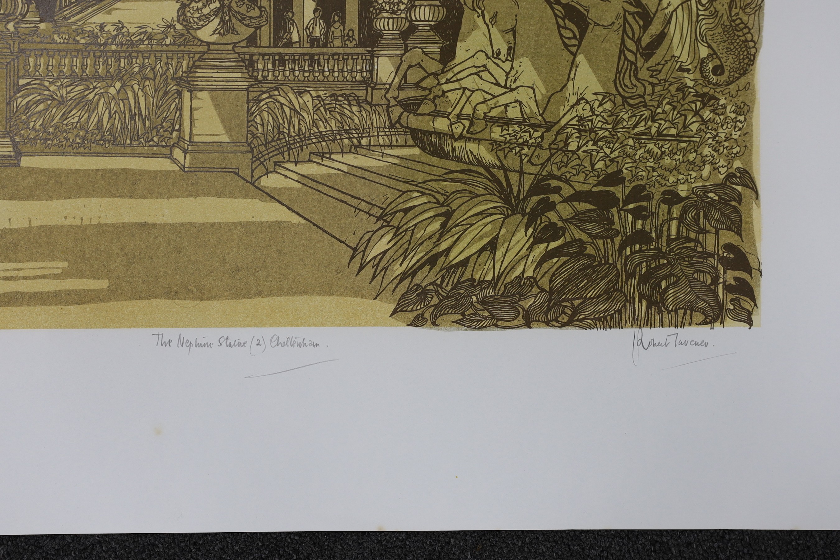 Robert Tavener (1920-2004), linocut, 'The Neptune Statue (2), Cheltenham', signed in pencil, 17/30, 60 x 73cm, unframed